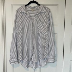 Loft Striped Linen-Blend  Everyday Oversized Pocket Shirt - navy/white - large